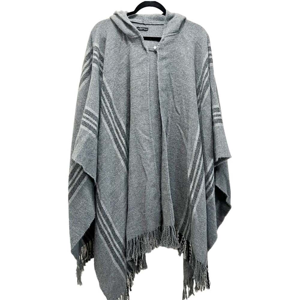 Zara Gray Striped Hooded Poncho with Fringe Hem Size Medium